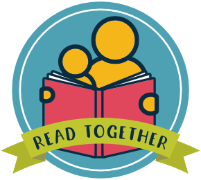 Read Together Logo featuring adult and child holding a red book together on a blue circle background with a green banner that says "Read Together"