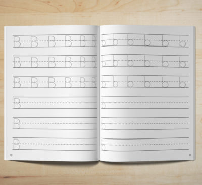 Photo of an open Learn to Write book showing letter tracing pages for the letter B