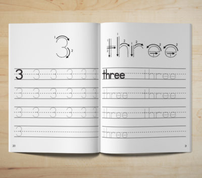 Photo of an open Count and Write number tracing activity book showing number tracing practice pages for the number 3