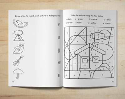 Photo of an open ABC Activities book showing letter matching and coloring pages