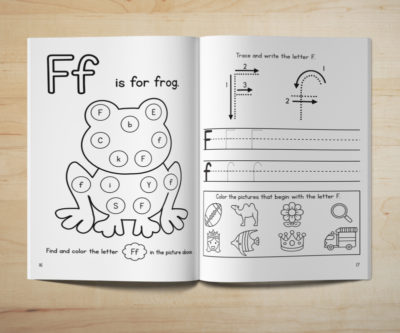 Photo of an open ABC Activities book showing letter hunt, beginning sound identification, and letter tracing activities