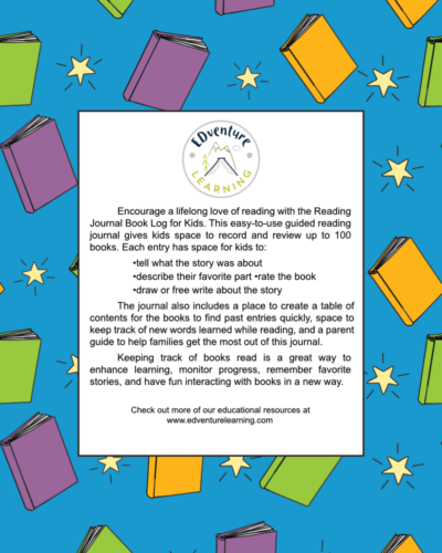 Back cover of the blue Reading Journal with books and stars