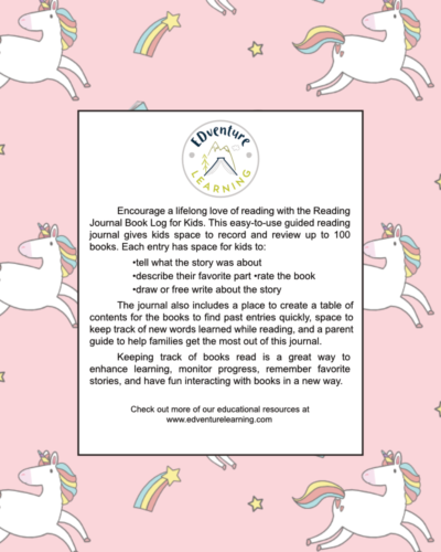 Back cover of the pink unicorn Reading Journal